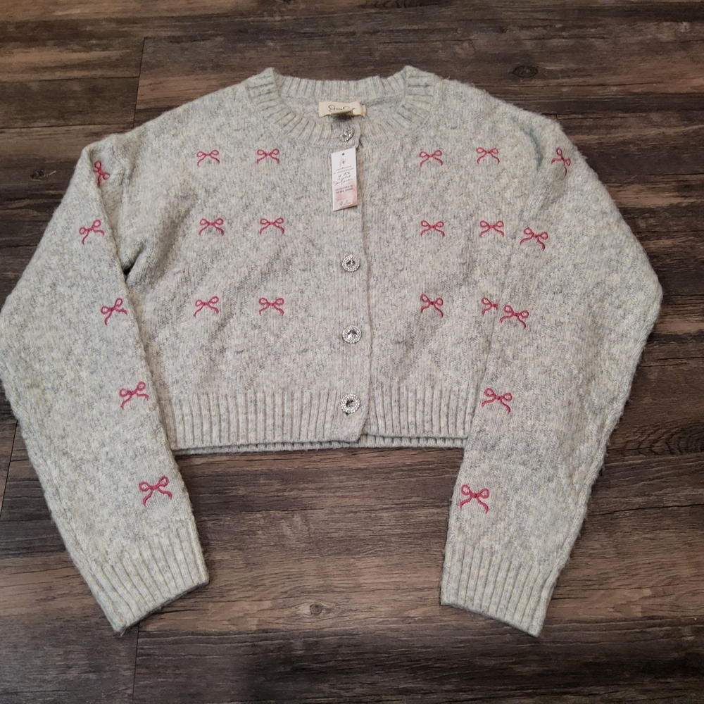 NWT Jessica Simpson Cardigan With Pink Ribbons And Rhinestone Buttons